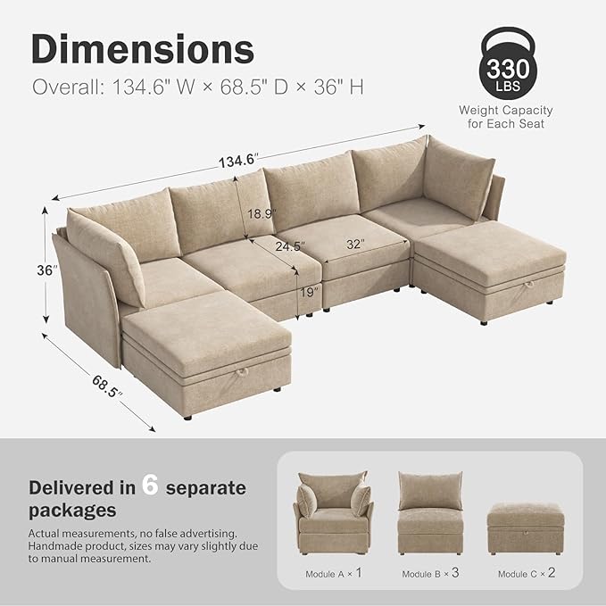 134.6" Oversized Modular Sectional Sofa, 6 Seater U Shaped Couch with Storage Ottoman with Reversible Chaise Deep Seat for Living Room, Apartment - Chenille Beige-HomvellaHome