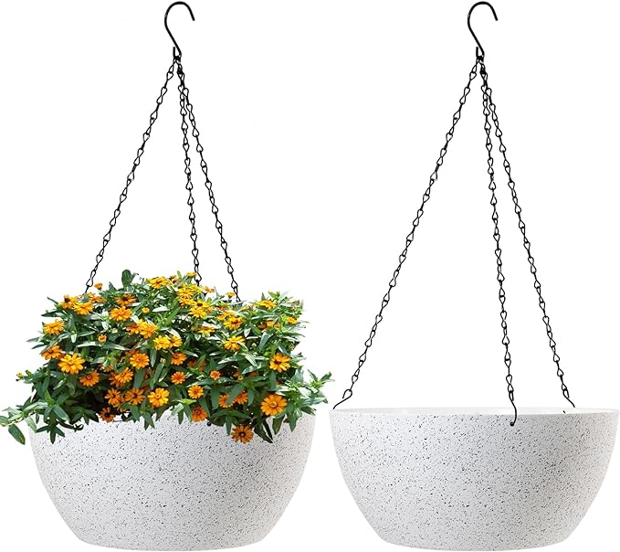 13 inch Large Hanging Planters Plant Pots for Outdoor Indoor Plants with Drainage Holes and Chain, 2 Pack Round Hanging Flower Pots for Garden Home Porch Decor, Speckled White-HomvellaHome