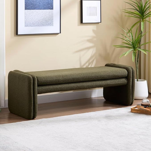 Green Boucle Bench 50" Sherpa End of Bed Bench Modern Upholstered Bench for Bedroom Entryway Living Room Vanity Makeup Room, Teddy Fabric Bench with Seating-HomvellaHome
