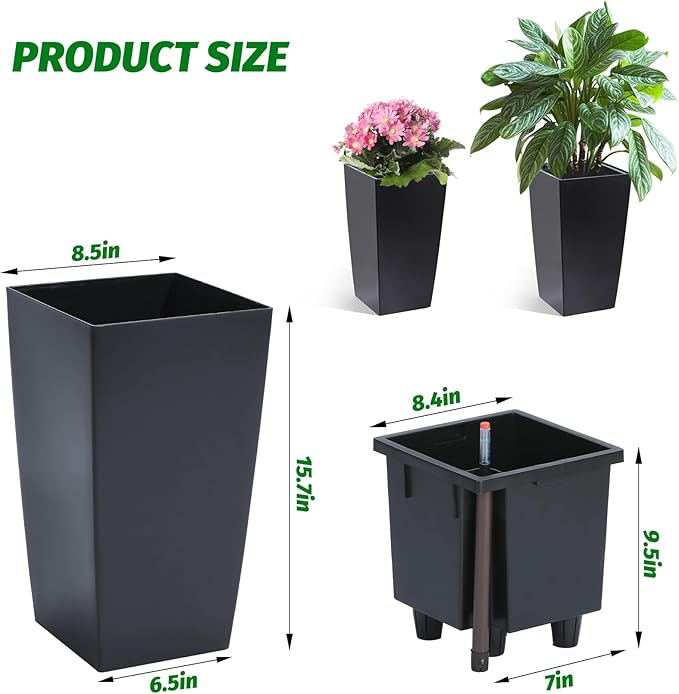 16" Tall Planters Set of 2, Outdoor＆Indoor Black Planter Pots, High Front Porch Planter Pots with Drainage Holes＆Water Level Monitor＆Inner Bucket, Automatic Watering,Black-HomvellaHome