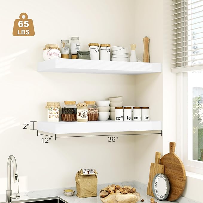 12" Deep White Floating Shelves,Over Toilet Long Wall Mounted Modern Farmhouse 36 inches,Wall Shelves with Invisible Brackets for Bedroom, Bathroom, Living Room, Kitchen, Set of 1-HomvellaHome