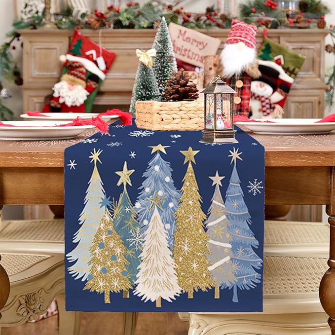 GEEORY Christmas Table Runner 13x108 Inch, Xmas Trees Snowflakes Holiday Decorative Farmhouse Table Decoration for Kitchen Dinning, Indoor Outdoor Dinner Party Decor (Blue) GT151-108-HomvellaHome