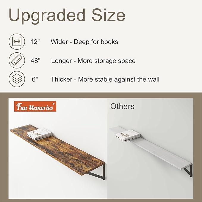 12 Inch Deep Floating Shelves,48W x 12D Floating Shelves, Deep Wall Shelves Bracket Set of 2, Large Display Floating Shelf for Bathroom, Living Room, Wide Storage Wooden Wall Shelf, Rustic Brown-HomvellaHome