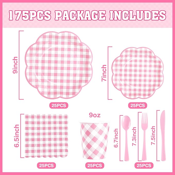 175 Pcs Pink Gingham Plates and Napkins Party Supplies - Pink and White Checkered Plates Sets Serve 25 Guests - Scalloped Gingham Paper Plate for Birthday Wedding Picnic Party Decorations-HomvellaHome