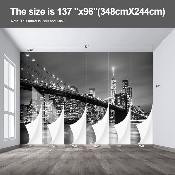 Gray Brooklyn Bridge at Night NYC Wall murals New York Peel and Stick Wallpaper for Bedroom Living Room - 96"x137"-HomvellaHome