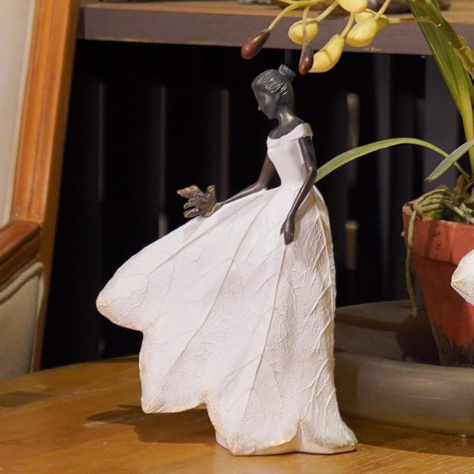 Guichifun Fairy Statue Collection Home Decoration - White Leaf Angel Girls with Bird Resin Home Decor for Outdoor or Indoor Outdoor Yard Decorations Figurines Retirement Gift 8.5 x 5.25 x 12 Inch-HomvellaHome