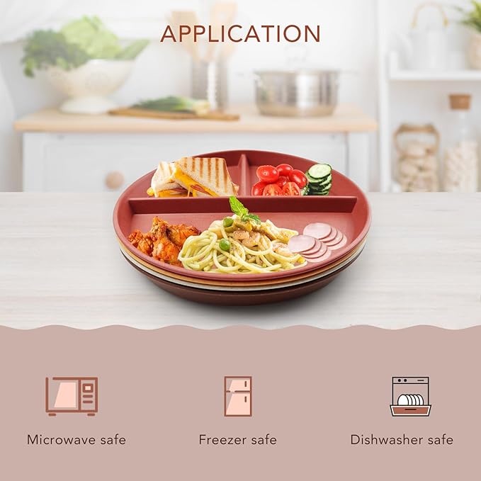 greenandlife 9 Inch 4PCS Unbreakable Portion Control Plates, Divided Plates for Kids Adults, Dishwasher & Microwave Safe Compartment Plate, Lightweight Reusable Wheat Straw Plate, BPA Free-HomvellaHome