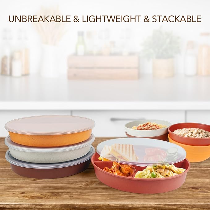 greenandlife 9 Inch 4PCS Portion Control Plates with Lids, Divided Plates for Kids Adults, Dishwasher Microwave Safe Compartment Plate Set, Unbreakable Lightweight Reusable Wheat Straw Plate, Sunset-HomvellaHome