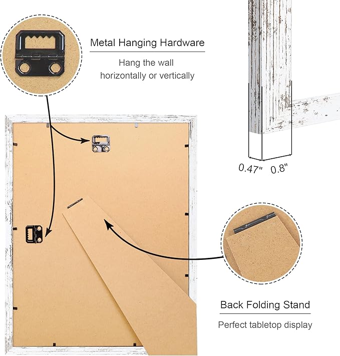 11x14 Picture Frame Set of 4, 11 x 14 Wood Photo Frames with Mat for 8x10, Rustic Natural Wooden Frame with Real Glass Cover for Wall and Tabletop Display,Distressed White-HomvellaHome