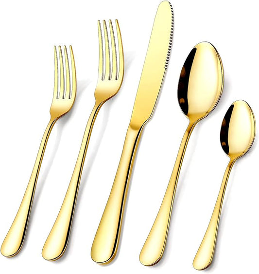 Gold Silverware Set, OGORI 40-Piece Food Grade Stainless Steel Gold Flatware Set, Kitchen Utensil Set Service for 8, Mirror Polished Tableware Cutlery Set for Home and Restaurant, Dishwasher Safe-HomvellaHome