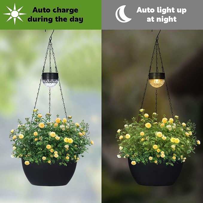 2 Packs Solar Hanging Basket Planters for Plants Outdoor, Self Watering Black Flower Plants Pots with Solar Light Drainer for Balcony Patio Garden Outdoor Decoration-HomvellaHome