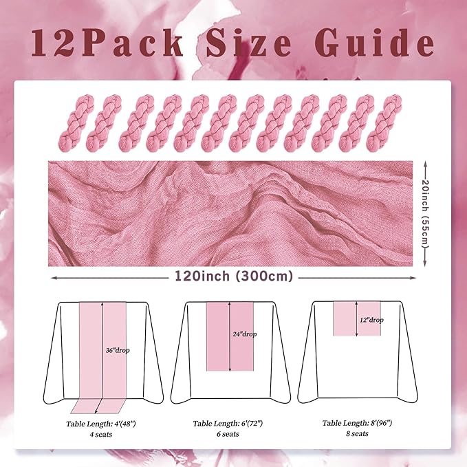 12 Pack Dusty Rose 10FT Cheesecloth Table Runner 20 x 120 Inch Long Rustic Gauze Fabric Cheese Cloth Table Runner for Wedding Bridal Baby Shower Table Decorations Boho Sheer Birthday Party Table Decor-HomvellaHome