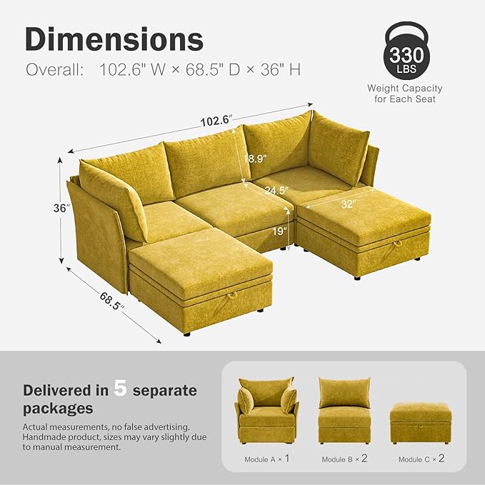 102.6" U Shaped Modular Sectional Sofa, 5 Seater Couch with Storage Ottoman Deep Seat and High Backrest with Removable Cover for Living Room, Apartment - Chenille Yellow-HomvellaHome