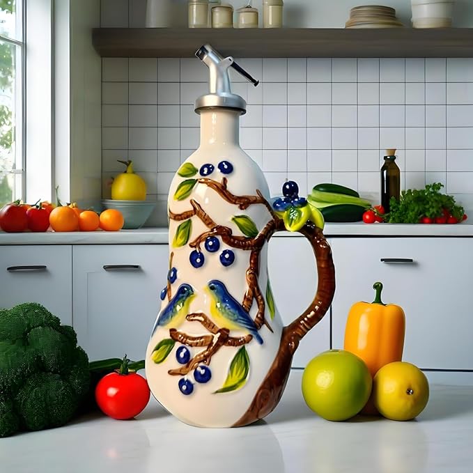 18 Oz Hand Painted Relief Ceramic Olive Oil Bottle Dispenser for Kitchen, Oil and Vinegar Bottle, Seasoning Bottle with Stainless Steel Nozzle, 540mL Oil Container with Handle for Cooking, Light Proof-HomvellaHome
