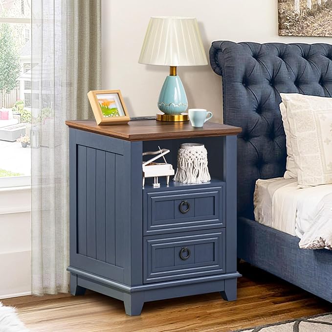18" Farmhouse Night Stand with Charging Station, 2 Drawers End Table Dresser for Bedroom, Blue Wooden Nightstand, Bed Side Table with Open Shelf, Bedside Cabinet for Living Room, Closet-HomvellaHome