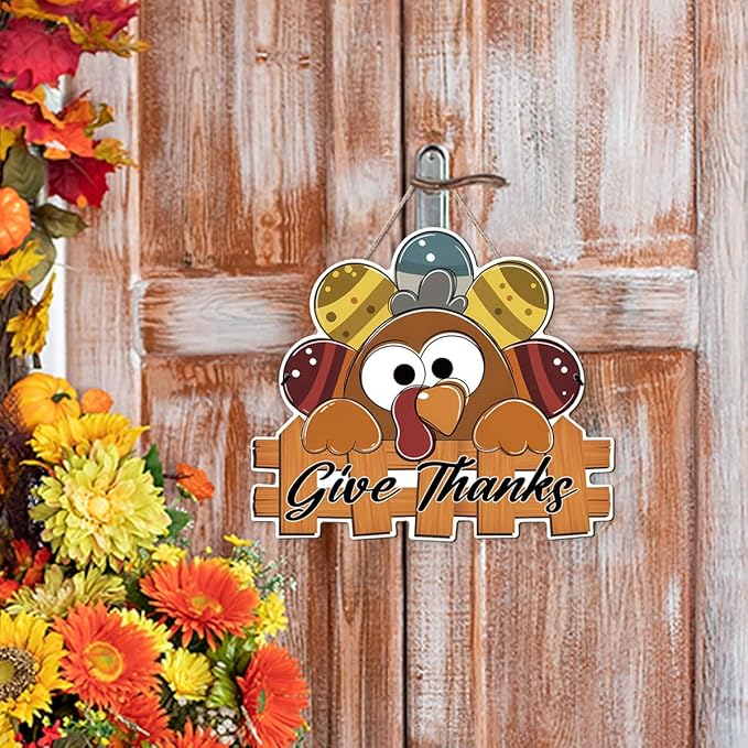 Give Thanks Sign Turkey Front Door Decor Thanksgiving Day Wood Door Hanger, Fall Wooden Thankful Wreath Hanging Decoration for Outdoor Outside Porch, Housewarming Gift-HomvellaHome