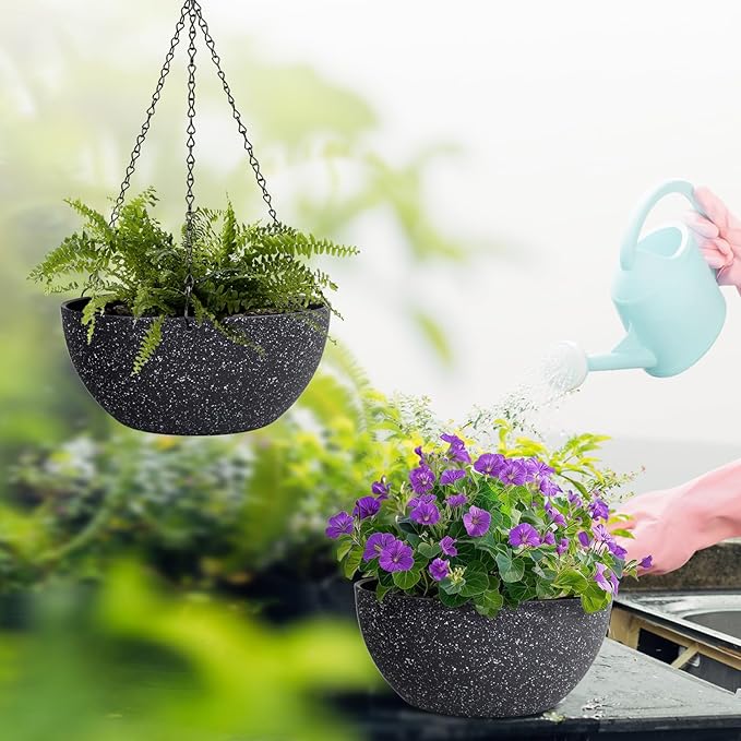 13 inch Large Hanging Planters Plant Pots for Outdoor Indoor Plants with Drainage Holes and Chain, 2 Pack Round Hanging Flower Pots for Garden Home Porch Decor, Speckled Black-HomvellaHome