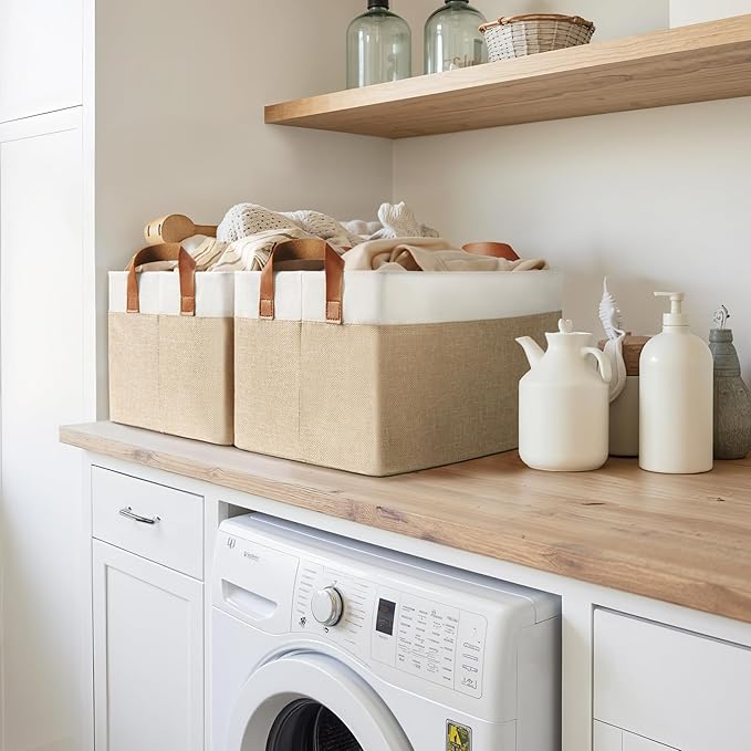 GRANNY SAYS Storage Baskets for Shelves, Closet Organizer Bins, Clothes Storage Bins with Metal Frame, Large Baskets for Organizing and Storage, Collapsible, Khaki, 2-Pack-HomvellaHome