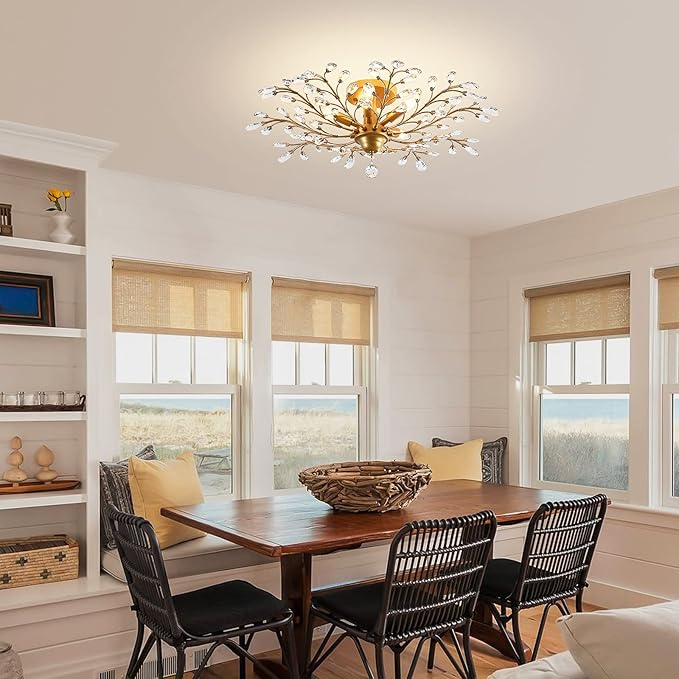 Ganeed Crystal Chandeliers,Vintage K9 Clear LED Ceiling Lighting,Edison Pendant Light Flush Mounted Fixture with 5 Light for Living Room Dinning Room Restaurant Porch Hallway (Gold)-HomvellaHome