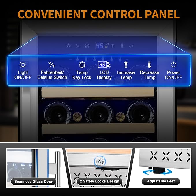 15 Inch Wine Fridge 32 Bottles Wine Cooler Refrigerator Undercounter Wine Fridge with Glass Door, LED Light, Removable Wooden Shelves, Built-in or Freestanding Wine Refrigerator for Home Office Bar-HomvellaHome