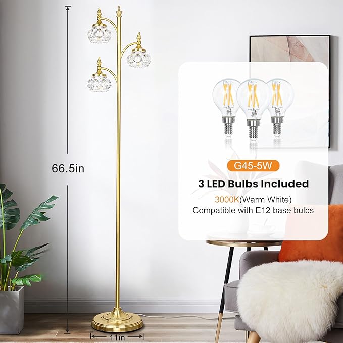 Gold Floor Lamp, Dimmable Tree Floor Lamps for Living Room Brass Tall Standing Lamp with 3 Rotatable Lights Glass Shade 66.5'' Modern Corner Lamp for Bedroom Office(3LED Bulbs Included)-HomvellaHome
