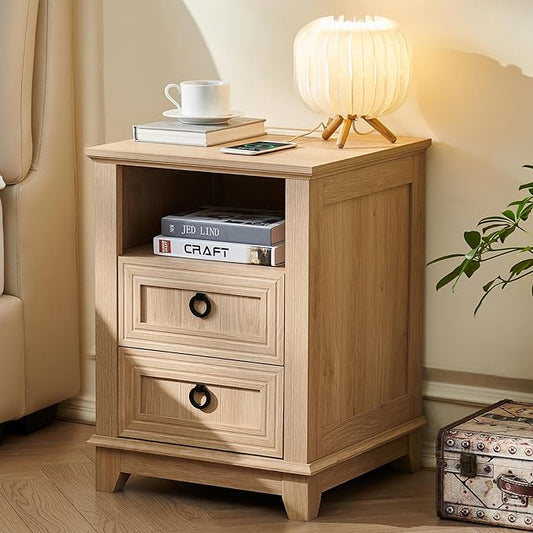 18" Farmhouse Night Stand with Charging Station, 2 Drawers Bedside End Table, Natural Wooden Nightstand, Bed Side Table Cabinet with Open Shelf for Bedroom Living Room Office-HomvellaHome