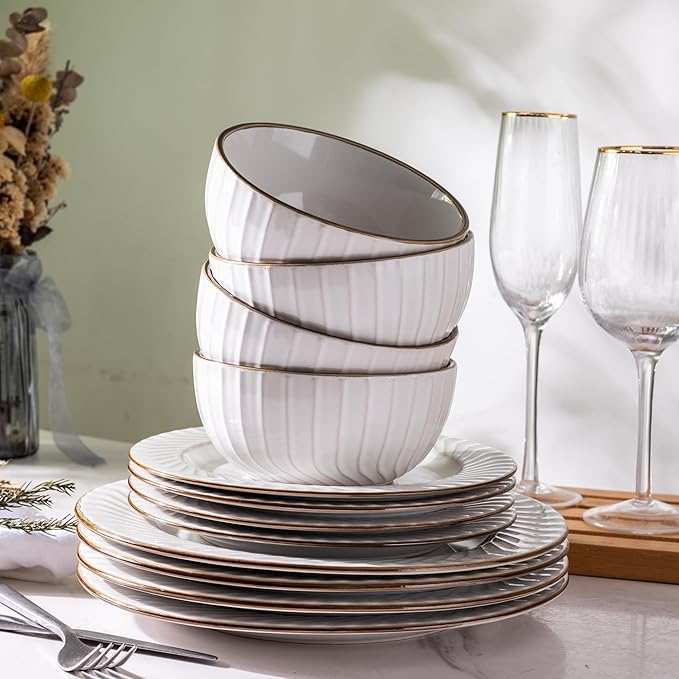 GBHOME Ceramic Dinnerware Sets,12 pcs Embossed Elegant Stoneware Plates and Bowls Sets, Housewarming Wedding Gift | Dishwasher & Microwave Safe | Dishes Set Service for 4-HomvellaHome