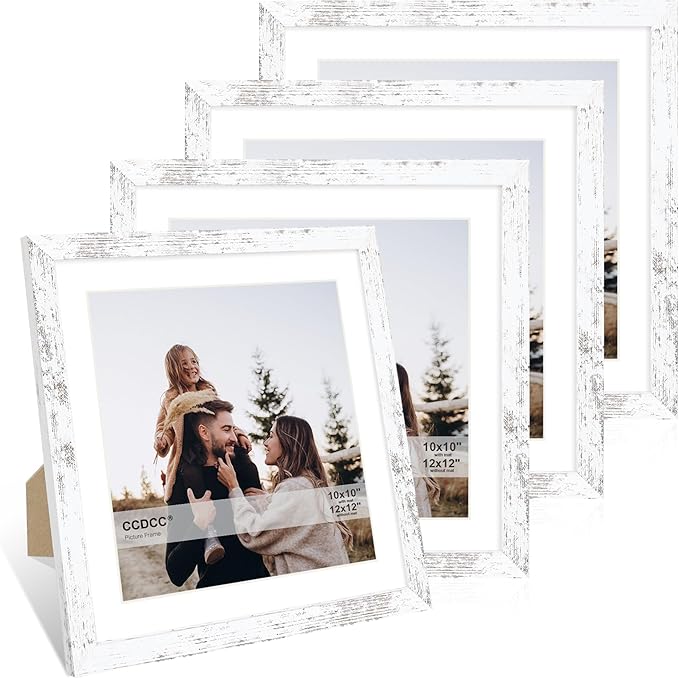 12x12 Picture Frame Set of 4, 12 x 12 Wood Photo Frames with Mat for 10x10 or 30x30cm Diamond Painting Art, Wooden Frame with Real Glass Cover for Wall and Tabletop Display,Distressed White-HomvellaHome
