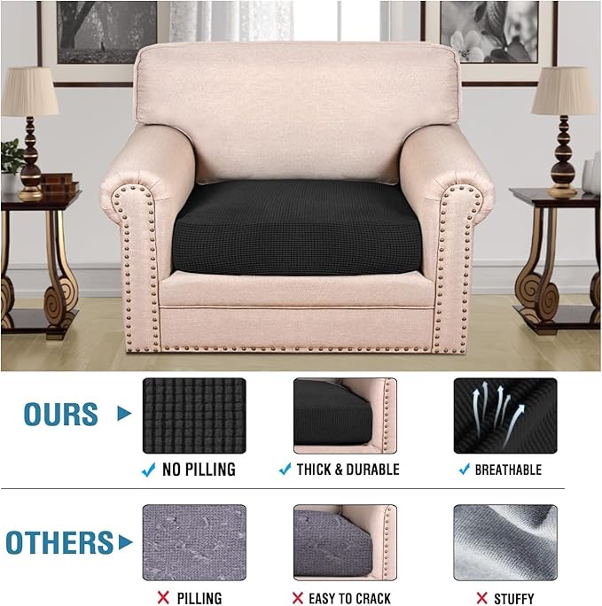 H.VERSAILTEX Super Stretch Individual Seat Cushion Covers Sofa Covers Couch Cushion Covers Slipcover Sets Thick Jacquard Textured Twill Fabric (1 Piece Chair Cushion Cover, Black)-HomvellaHome