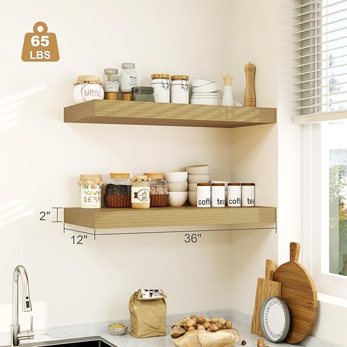 12" Deep Oak Floating Shelves,Over Toilet Long Wall Mounted Modern Farmhouse 36 inches,Wall Shelves with Invisible Brackets for Bedroom, Bathroom, Living Room, Kitchen, Set of 1-HomvellaHome