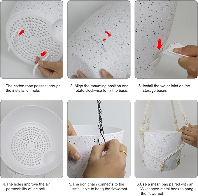 10 inch Self Watering Hanging Planters, 2 Pack Hanging Baskets for Indoor Outdoor Plants, Hanging Flower Pots with Drainage Holes and 2 Kinds of Plant Hangers for Garden Decor, Speckled White-HomvellaHome