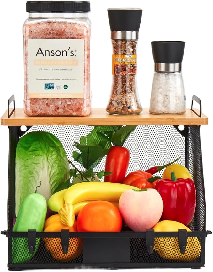 1 SET Large fruit basket for kitchen counter-stackable basket with Bamboo Tops & Tag,hanging wall baske,for Cabinet Shelf Countertop pantry storaget, onion potato Vegs Bread Food Organizing Bin,BLACK-HomvellaHome