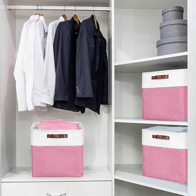 13x13 Cube Storage Bins, Collapsible Fabric Storage Box, 4 Pack Closet Baskets with Handles for Organizing, Shelf, Toys, Clothes, Home, Office, Nursery (Pink&White)-HomvellaHome