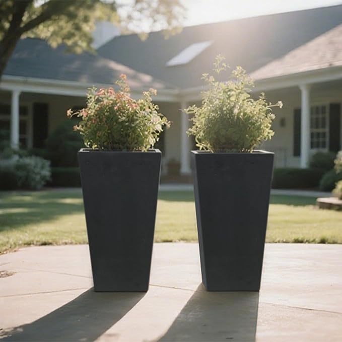 GreenShip 27" Tall Planters, Set of 2 – Black Outdoor Planter for Front Porch & Tall Plants, Weather-Resistant, with Drainage Hole & Rubber Plug (No Plants Included) (Black-2pcs)-HomvellaHome