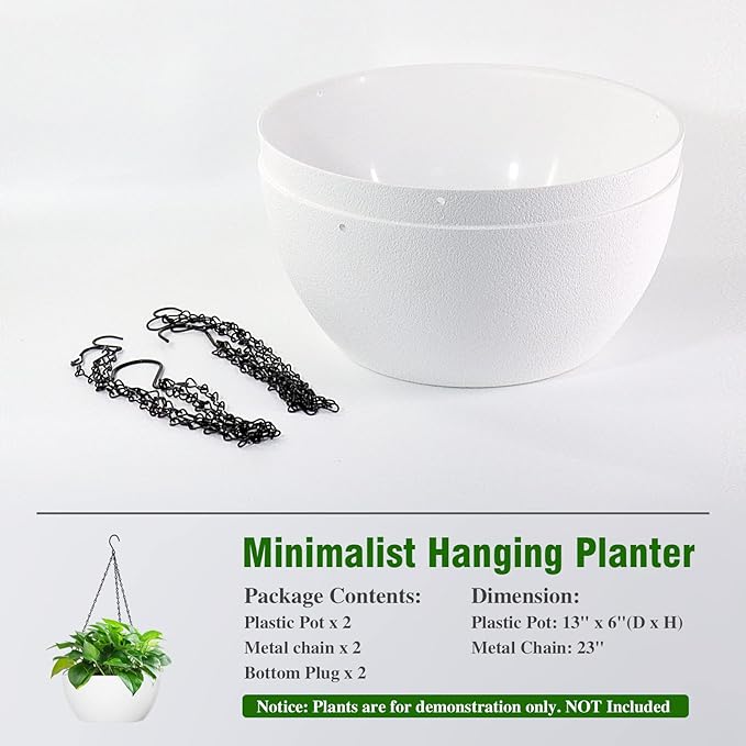 13 inch Large Hanging Planters Plant Pots for Outdoor Indoor Plants with Drainage Holes and Chain, 2 Pack Round Hanging Flower Pots for Garden Home Porch Decor, White-HomvellaHome