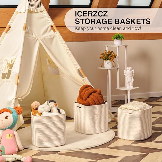 11 Inch Cube Storage Bins, Organizer Bins, Woven Cotton Rope Baskets for Storage, Storage Baskets for Organizing Shelves, White Basket for Toys, Off White (Pack of 3)-HomvellaHome