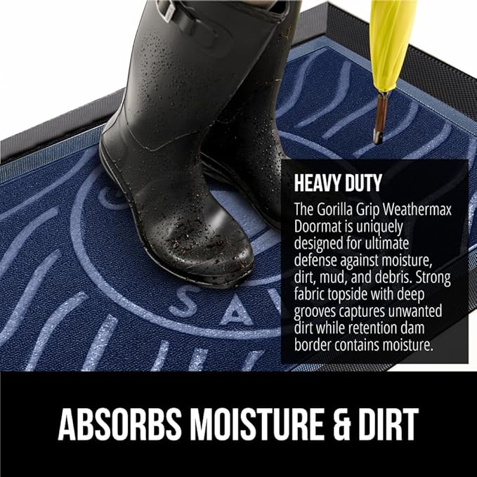 GORILLA GRIP 100% Waterproof All-Season WeatherMax Doormat 35x23, US Designed Natural Rubber, Stain and Fade Resistant, Low Profile Indoor Outdoor Door Mats, Easy Clean Patio Mat, Blue Sailing-HomvellaHome