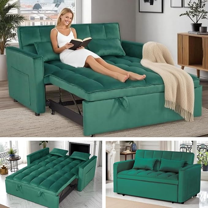 3 in 1 Sleeper Sofa Bed, Futon Sofa Bed for Living Room with Side Pocket, Green Sleepers Sofas Couch with Pullout Beds, Convertible Love Seat Sleepers Couch for Living Room, Bedroom-HomvellaHome