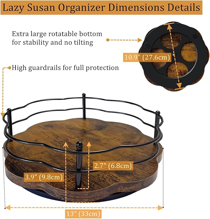 13" Lazy Susan Turntable Organizer with Higher Metal Sides, 360° Rotating Wooden Lazy Susan Organization and Storage for Cabinet,Kitchen,Countertop,Table Top,Dining Table,Coffee Bar Decor-HomvellaHome
