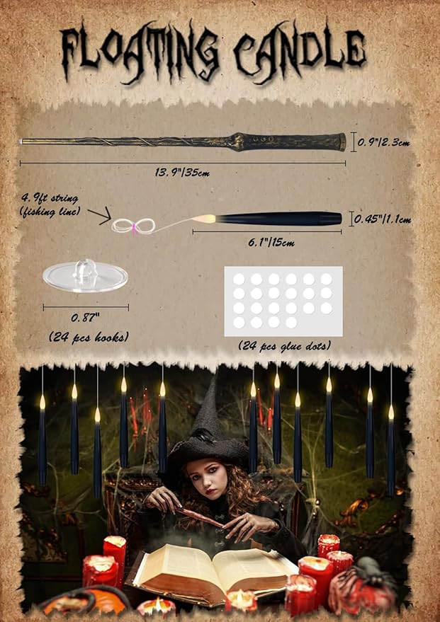 GenSwin 22pcs Flameless Floating Candle with Magic Wand Remote Timer, Battery Operated Hanging Window Candles Flickering, 6.1" LED Electric Candles for Christmas Halloween Decorations(Black)-HomvellaHome