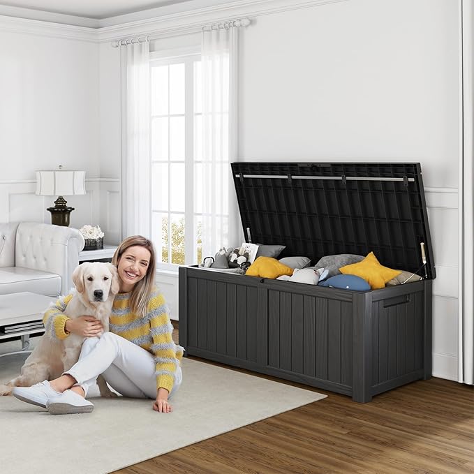 120 Gallon Resin Deck Box, Lockable Patio Outdoor Storage Box for Furniture, Garden Tools and Tools Storage, Waterproof Outside Storage Boxes - Black-HomvellaHome