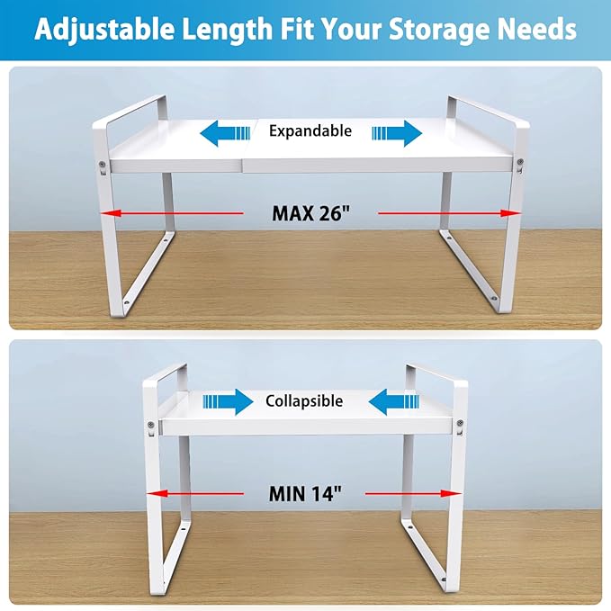 11'' Wide Expandable Cabinet Shelf Organizer Rack Adjustable Length 14''-26'' Pantry Shelf Spice Rack Heavy Duty Nonslip Kitchen Counter Storage Shelves Pantry Cupboard Under Sink Countertop White-HomvellaHome