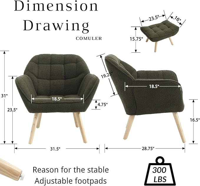 Green Sherpa Accent Chair with Ottoman ，Modern Reading Chair with Ottoman Set, Comfy Fuzzy Armchair Living Room Chair Lounge Chair with Wood Legs for Small Spaces Bedroom Apartment-HomvellaHome