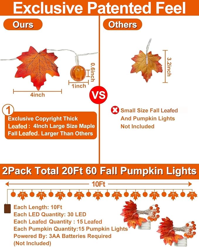 2 Pack Fall Garland with Pumpkin Lights Halloween Decorations Indoor 60 LED 20 Ft Enlarged Maples Leaves Fall Lights Battery Operated Halloween Garland Thanksgiving Decor Home Indoor Outdoor Christmas-HomvellaHome