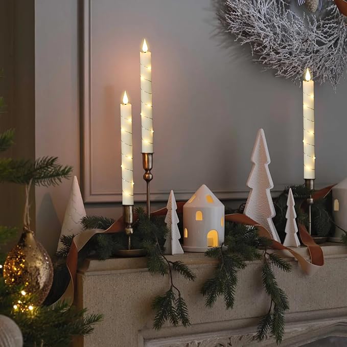GenSwin Flameless Taper Candles with Remote and String Lights, Ivory Real Wax Taper Candles Battery Operated, LED Flameless Battery Candlesticks for Home Holiday Decor(Set of 6)-HomvellaHome