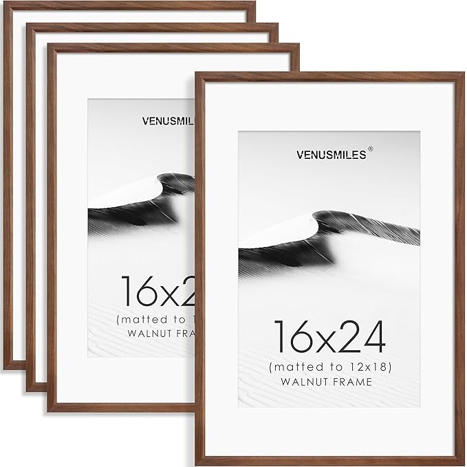 16x24 Poster Frame Set of 4 Natural Solid Walnut Photo Frames with 12x18 Removable Mat Wall Hanging Large Handcrafted Frame with HD Plexiglass Wall and Tabletop Display Large Picture Frame-HomvellaHome