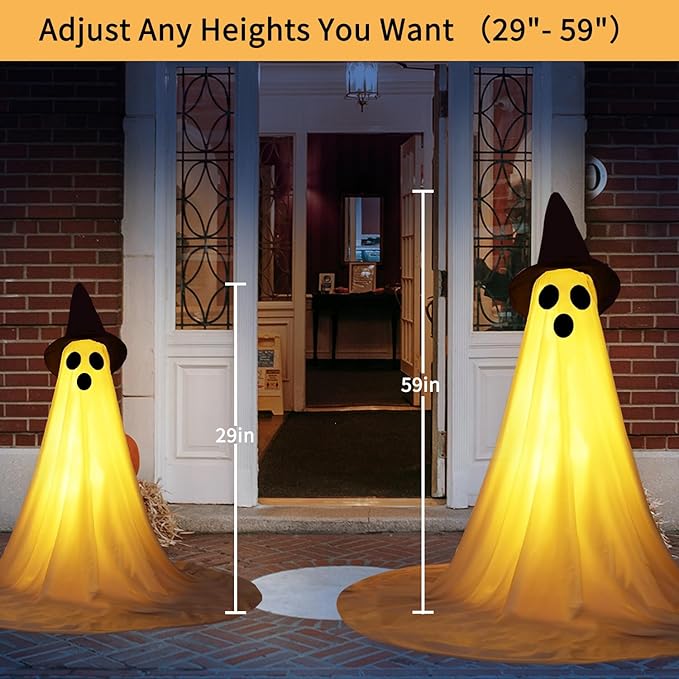 2 Packs Halloween Ghost Outdoor Decorations, 59” Light Up Ghost Decor with Remote Control, Adjustable Height Standing Halloween Lighted Ghost Kit with Witch Hat Ideal for Porch, Garden, Yard-HomvellaHome