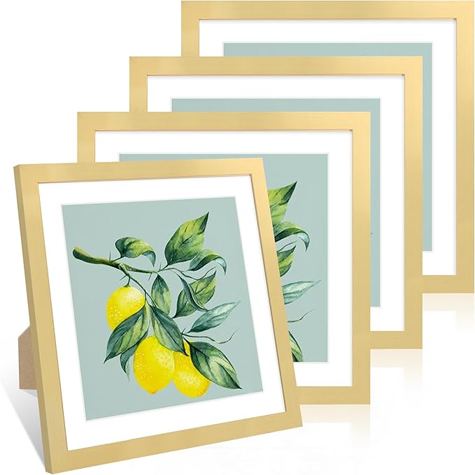 12x12 Picture Frame Set of 4, 12 x 12 Wood Photo Frames with Mat for 10x10 or 30x30cm Diamond Painting Art, Wooden Frame with Real Glass Cover for Wall and Tabletop Display,Gold-HomvellaHome