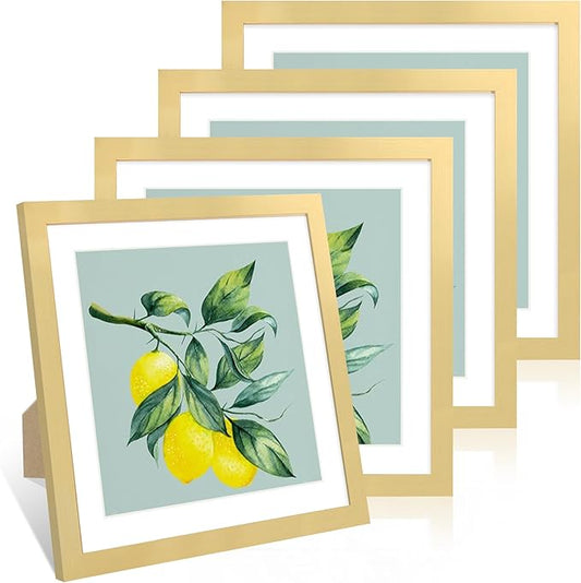 12x12 Picture Frame Set of 4, 12 x 12 Wood Photo Frames with Mat for 10x10 or 30x30cm Diamond Painting Art, Wooden Frame with Real Glass Cover for Wall and Tabletop Display,Gold-HomvellaHome