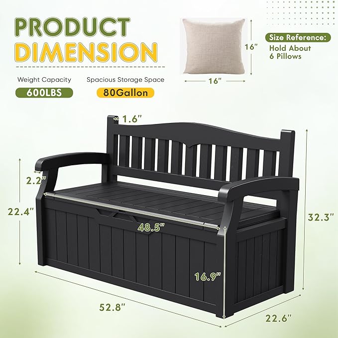 Greesum 80 Gallon Storage Bench Outdoor Deck Box with Armrest, Patio Furniture,Lockable, Waterproof and UV Resistant, Suitable for Garden, Pool, Black-HomvellaHome